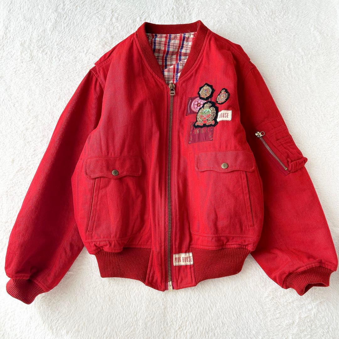 ピンクハウス ビンテージブルゾン ワッペン 裏地チェック 赤 フリーサイズ