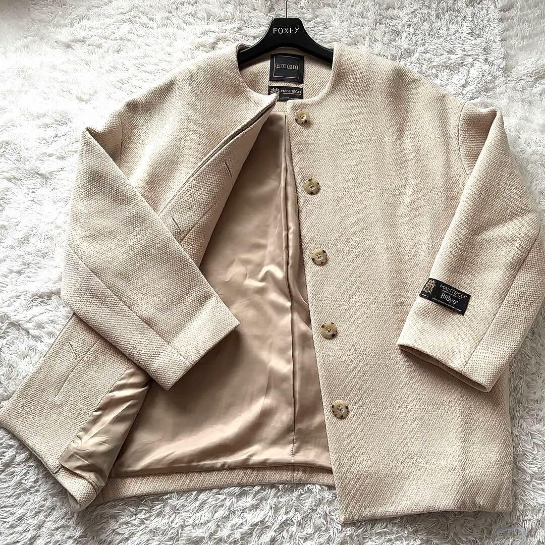 プラステ×マンテコ ノーカラーコート ベージュ カラーレス ウール混 Mサイズ