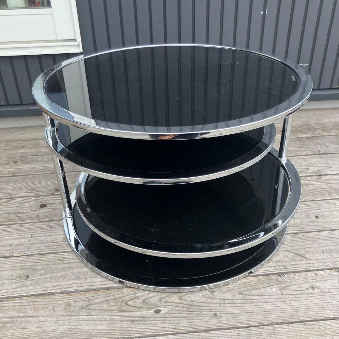 北欧レトロ ミッドセンチュリー 4段ラウンドテーブル ガラスサイドテーブル 黒