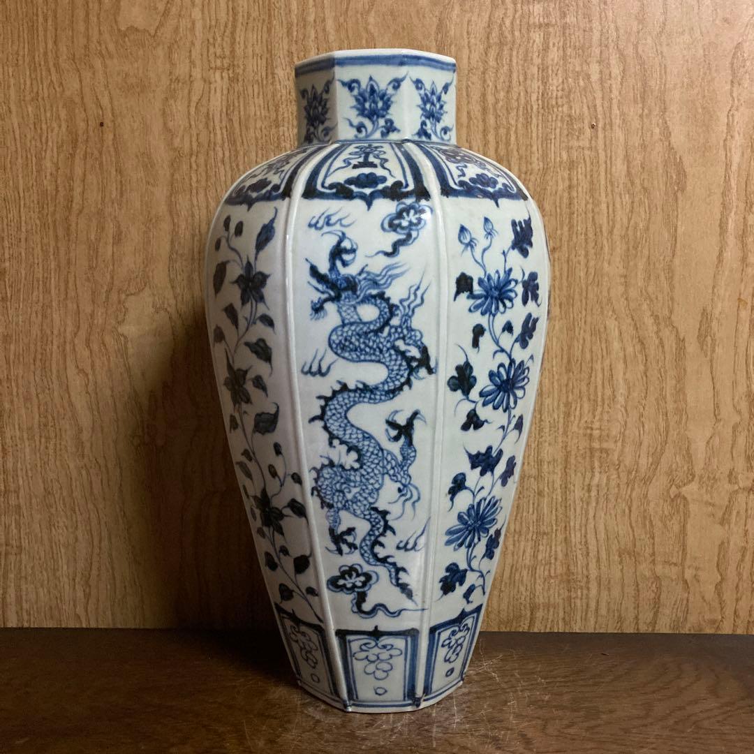 中国　染付　面取瓶　龍鳳花之図