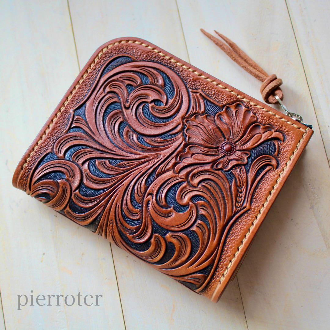 L字ファスナー/ハーフウォレット　レザーカービング　ハンドメイドアンティーク仕上