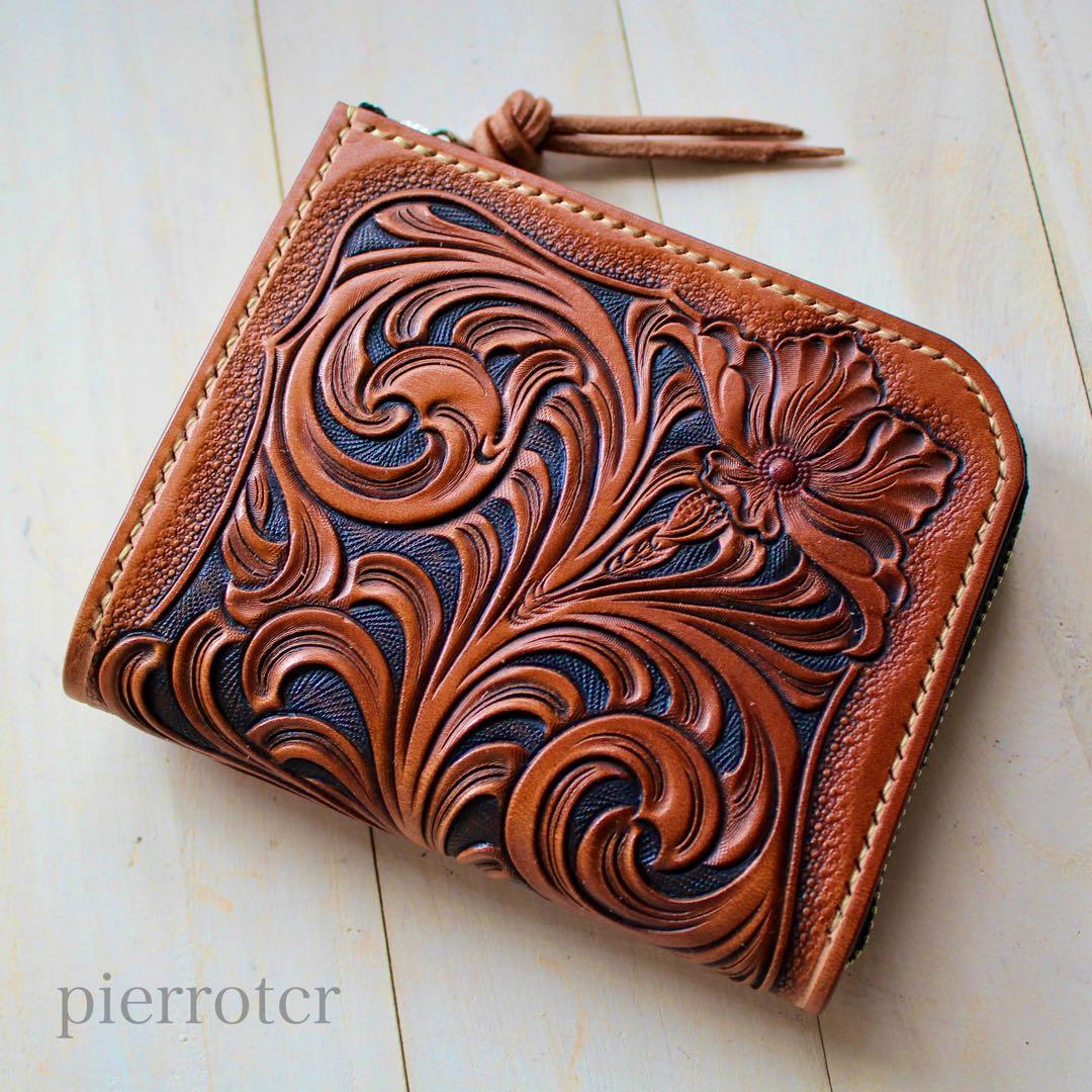 L字ファスナー/ハーフウォレット　レザーカービング　ハンドメイドアンティーク仕上
