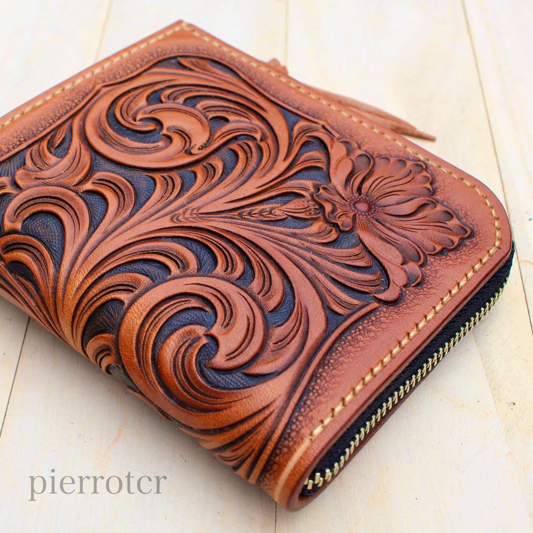 L字ファスナー/ハーフウォレット　レザーカービング　ハンドメイドアンティーク仕上