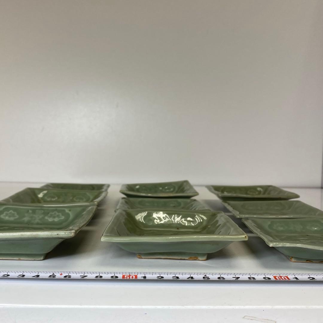 江戸後期 三田青磁唐文 角皿 9枚 東キ8-0123☆2F トヒサ