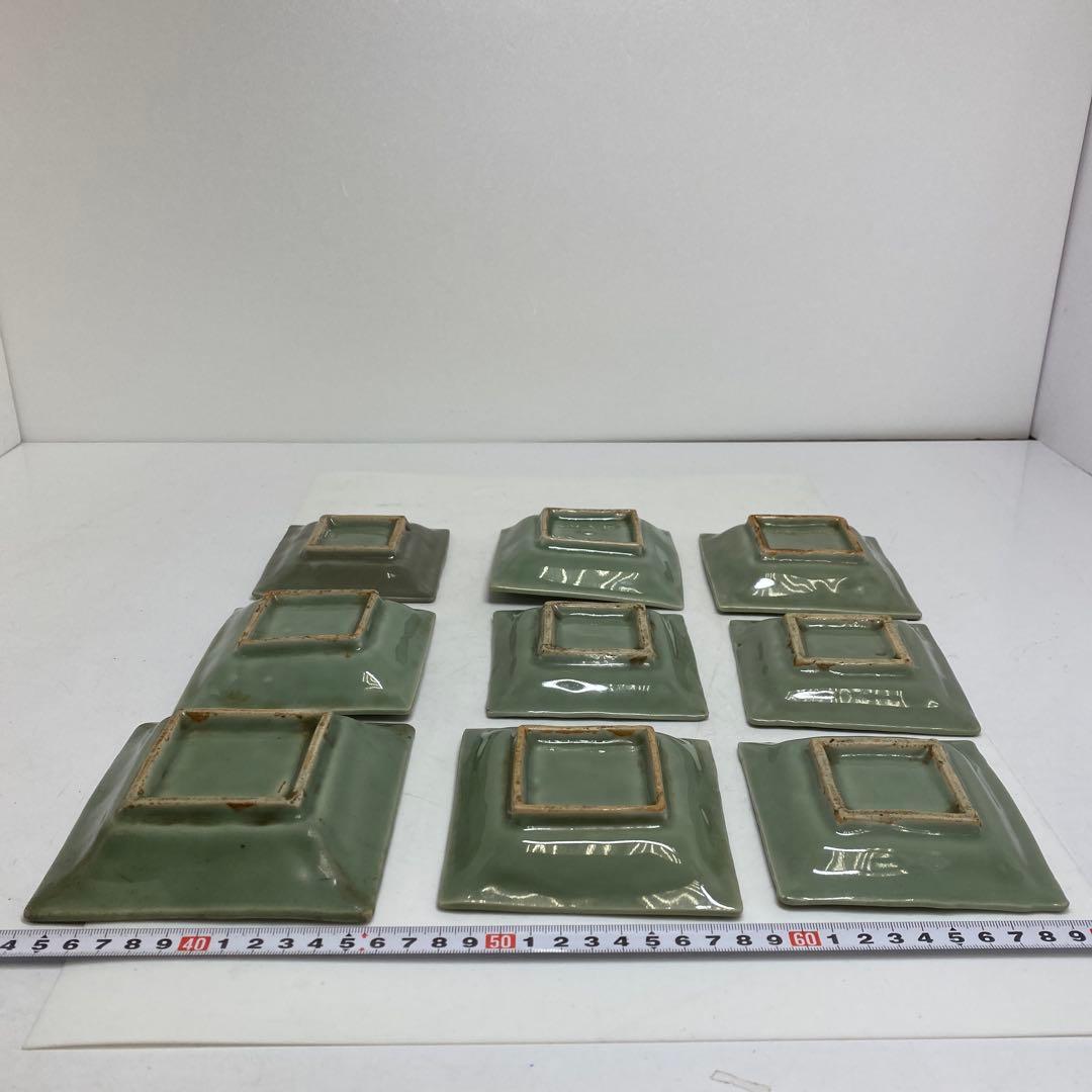 江戸後期 三田青磁唐文 角皿 9枚 東キ8-0123☆2F トヒサ