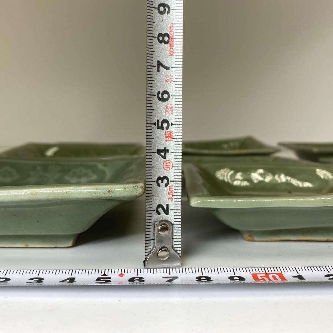 江戸後期 三田青磁唐文 角皿 9枚 東キ8-0123☆2F トヒサ