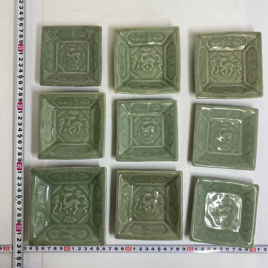 江戸後期 三田青磁唐文 角皿 9枚 東キ8-0123☆2F トヒサ