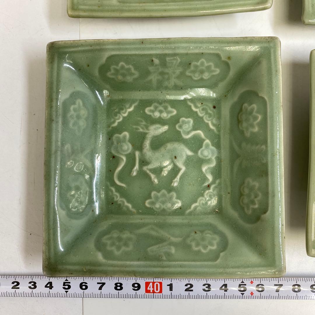 江戸後期 三田青磁唐文 角皿 9枚 東キ8-0123☆2F トヒサ