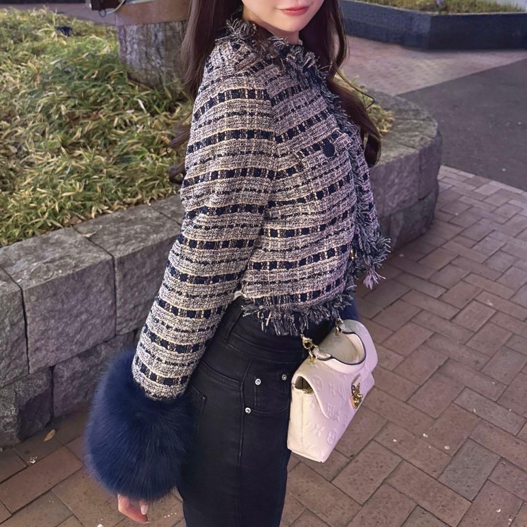 ジャケット・アウター Lumignon Navy pink tweed fur jacket