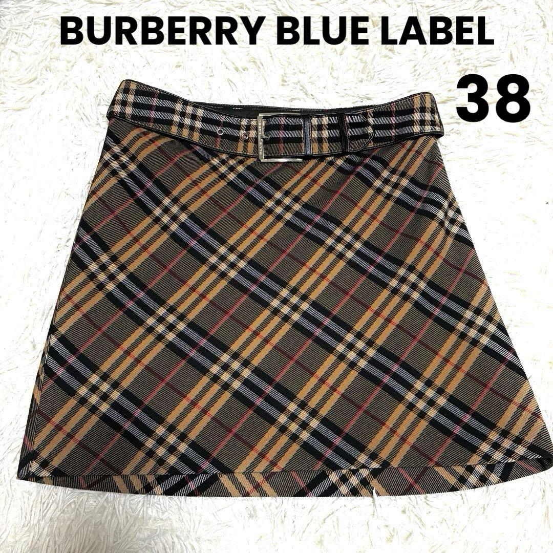 バーバリーブルーレーベル ノバチェック ベルト付 ミニスカート フレア 38