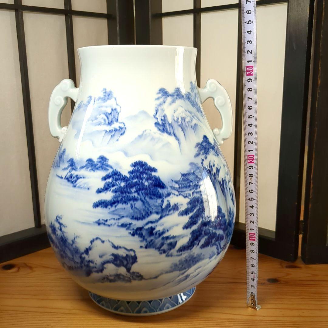 深川製磁　宮内庁御用達　染付　山水図　双耳　大花瓶　壺　1個　高さ約３３センチ
