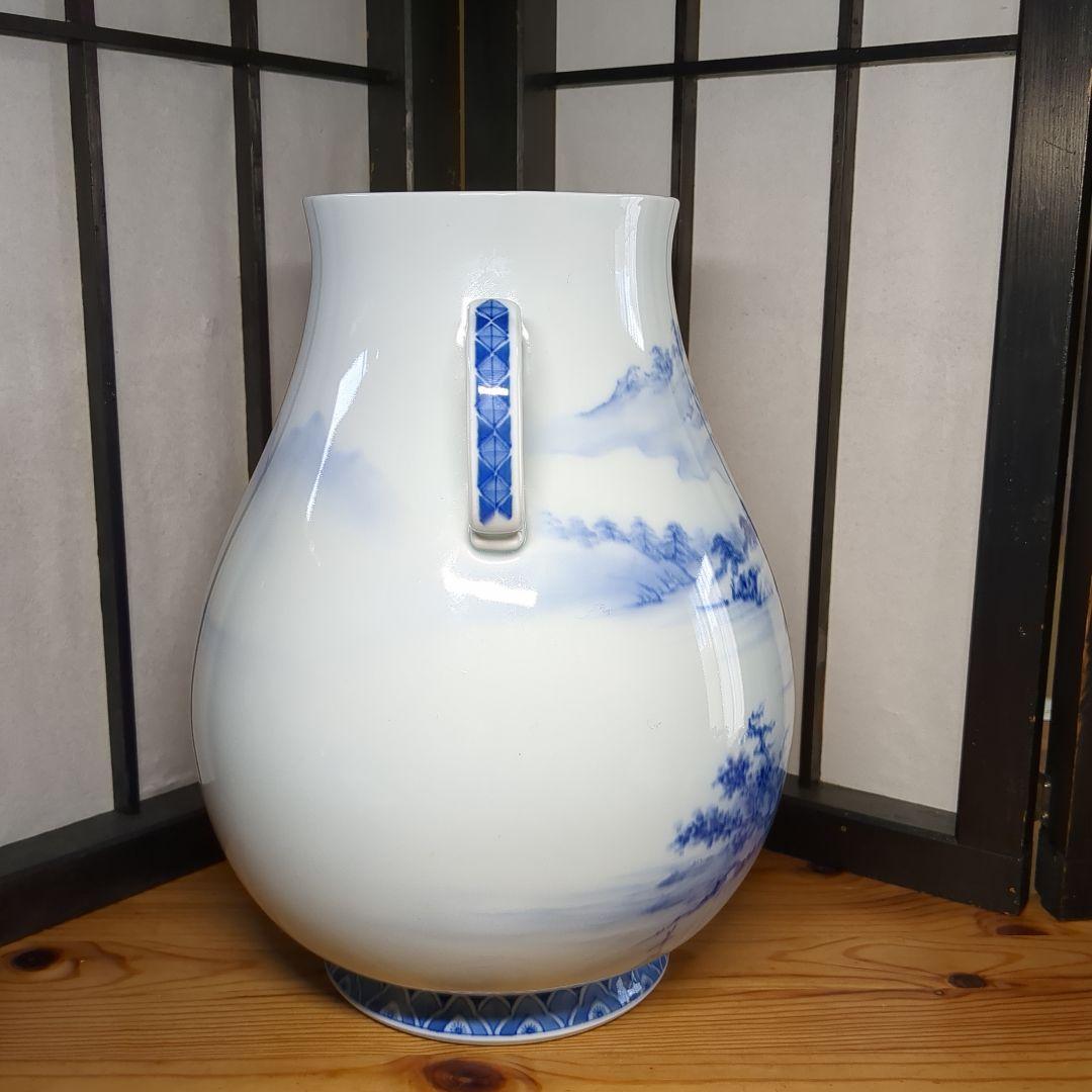 深川製磁　宮内庁御用達　染付　山水図　双耳　大花瓶　壺　1個　高さ約３３センチ