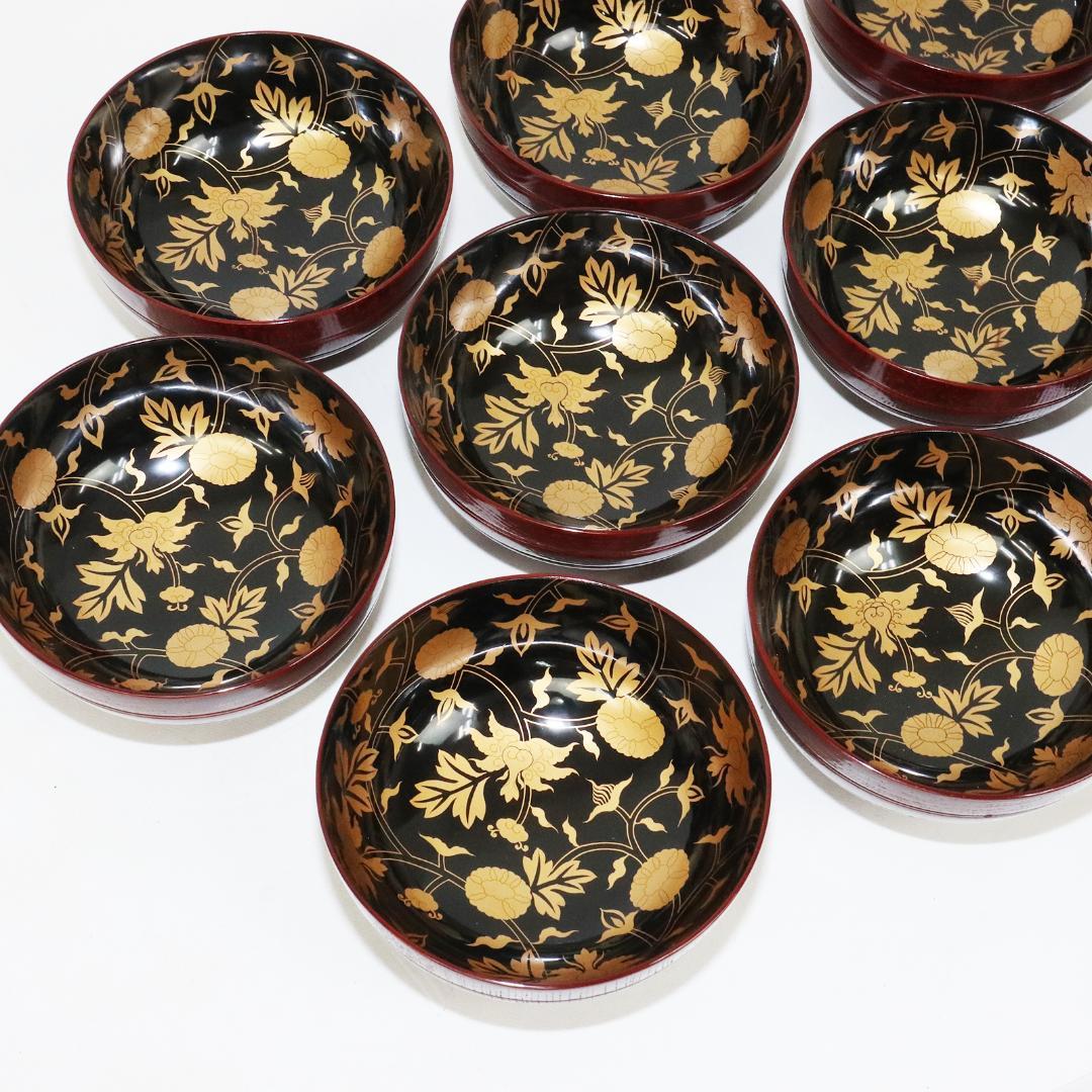 吸物椀　金彩　漆 花　絵　木製　10客　木箱