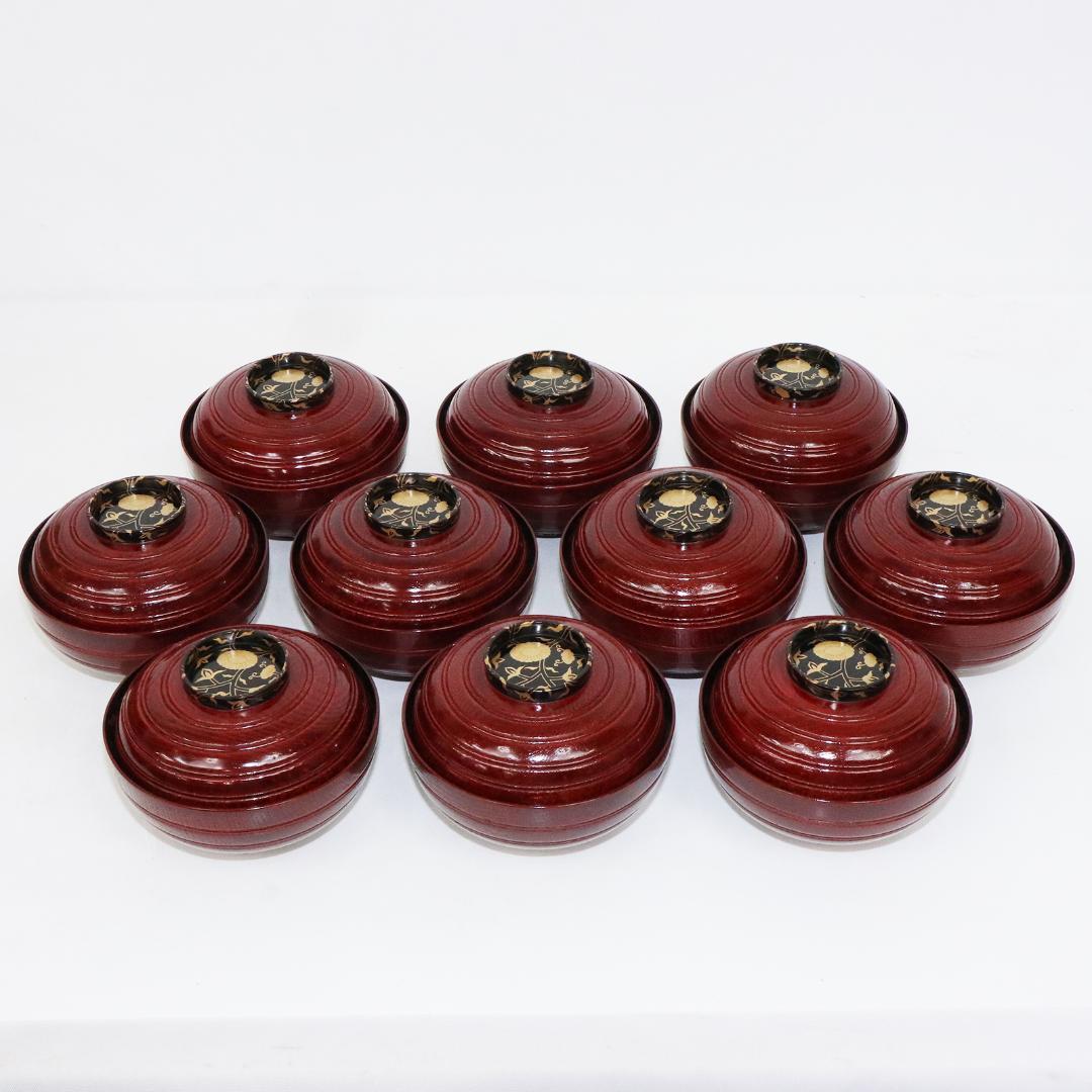 吸物椀　金彩　漆 花　絵　木製　10客　木箱