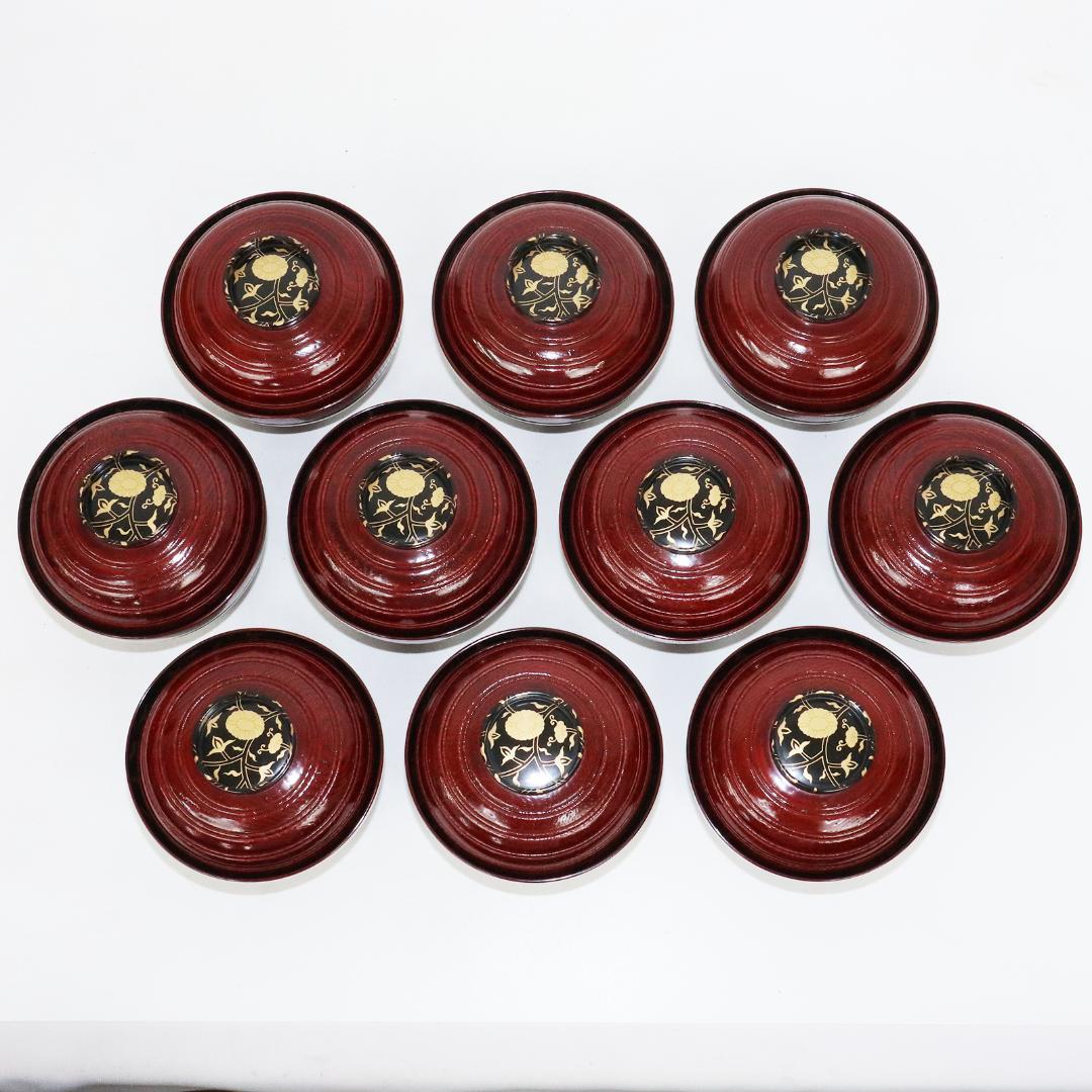 吸物椀　金彩　漆 花　絵　木製　10客　木箱