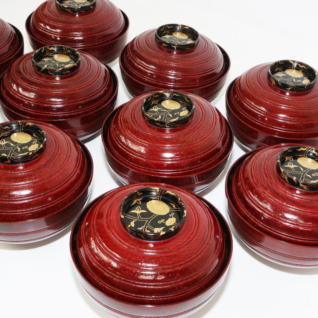 吸物椀　金彩　漆 花　絵　木製　10客　木箱