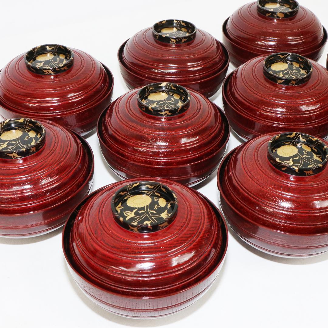 吸物椀　金彩　漆 花　絵　木製　10客　木箱