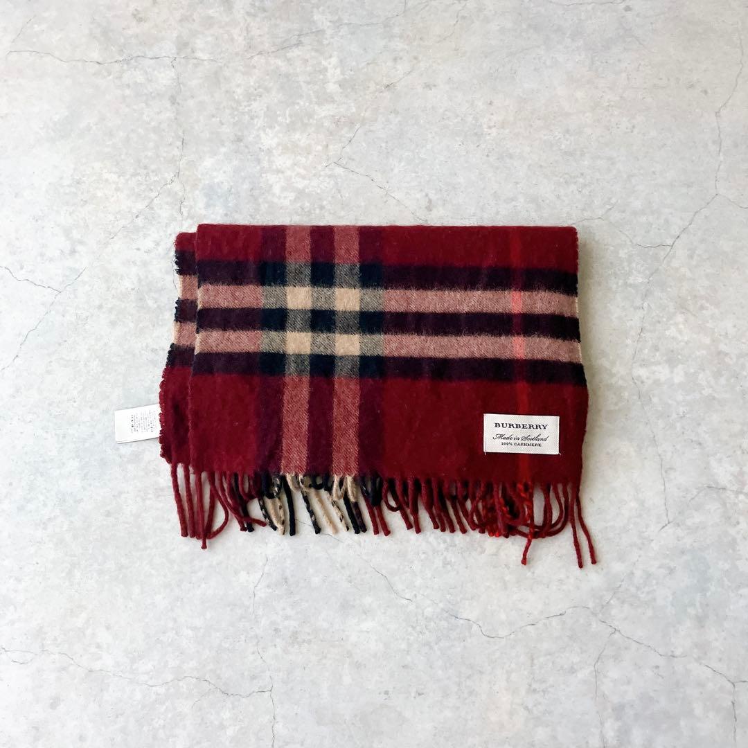 BURBERRY カシミヤ100% バーガンディ チェックマフラー バーバリー