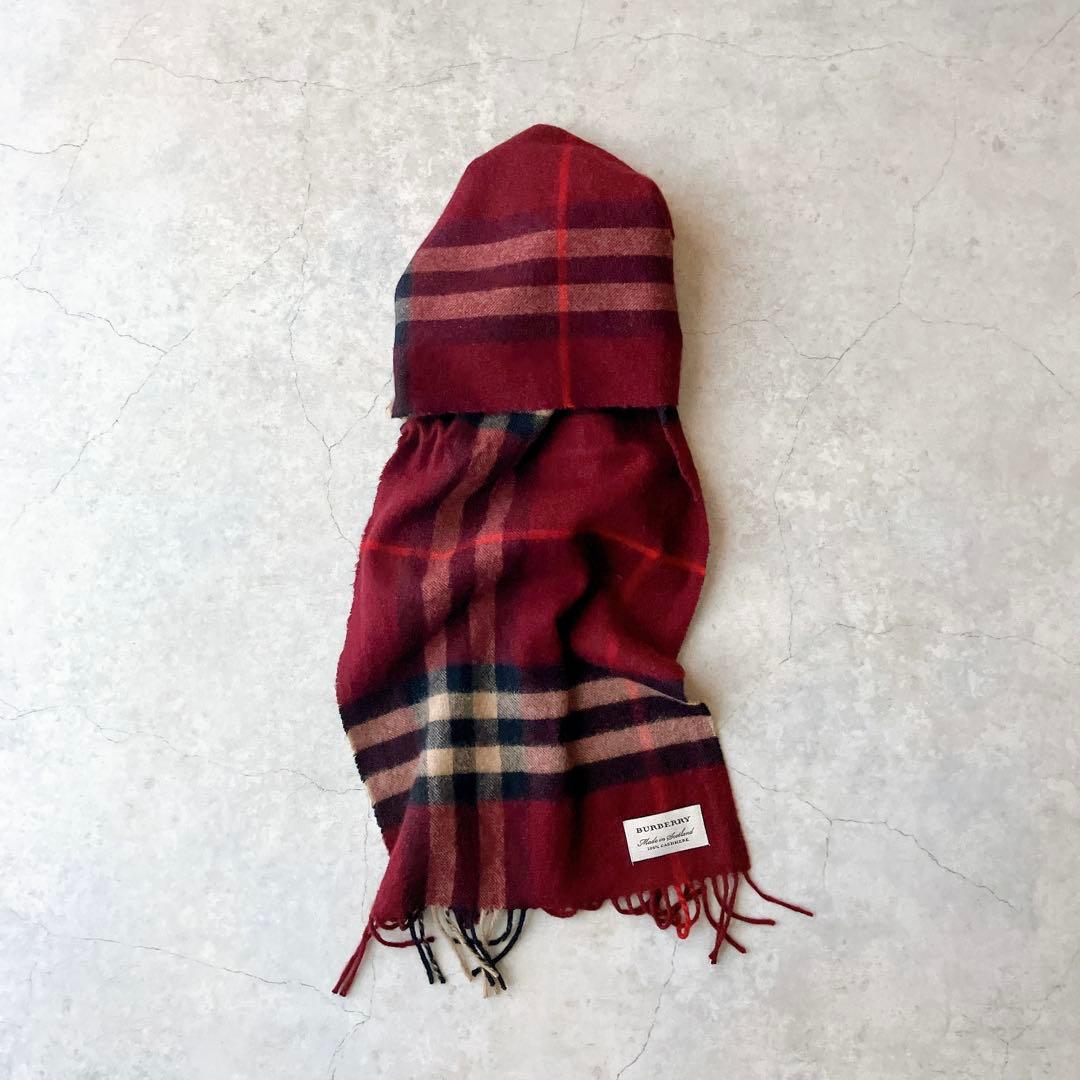 BURBERRY カシミヤ100% バーガンディ チェックマフラー バーバリー