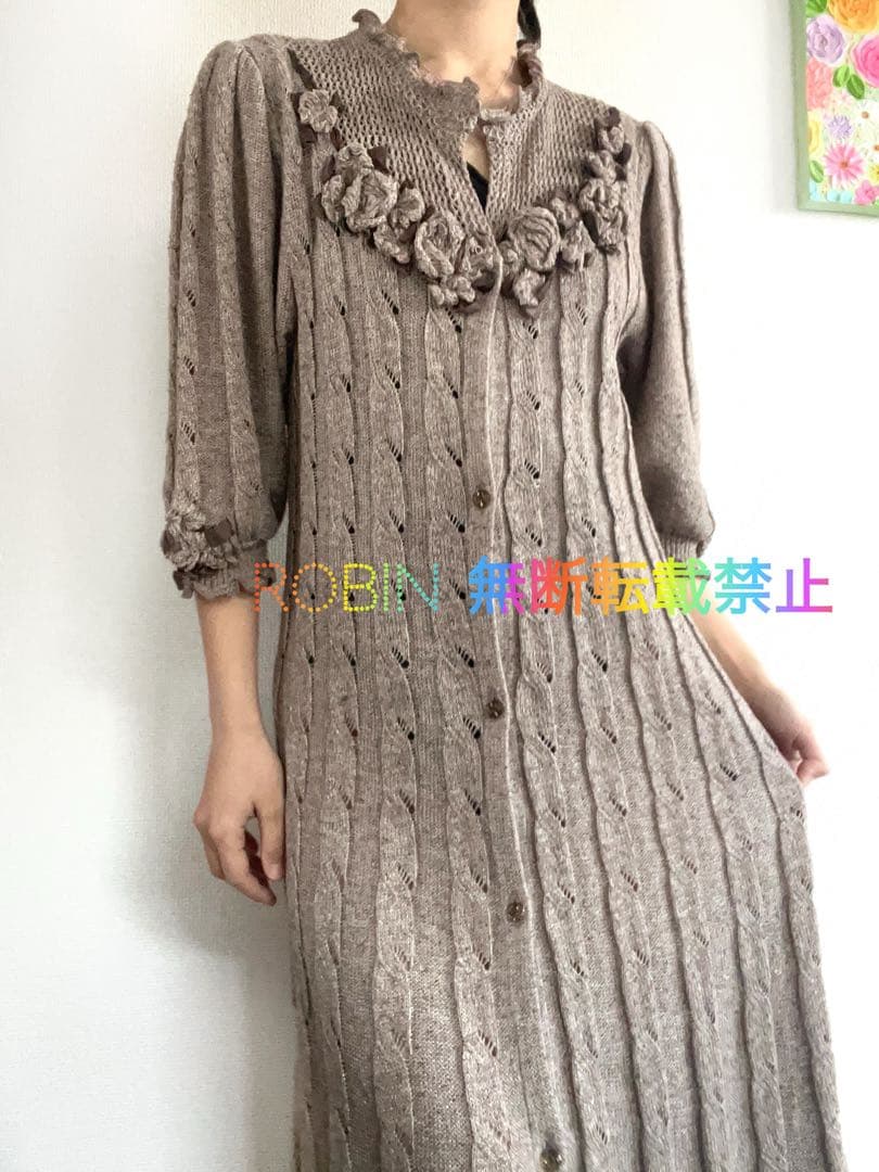 アトリエまりこ　シルクリネン　立体刺繍のマキシ丈ワンピース　アースカラー