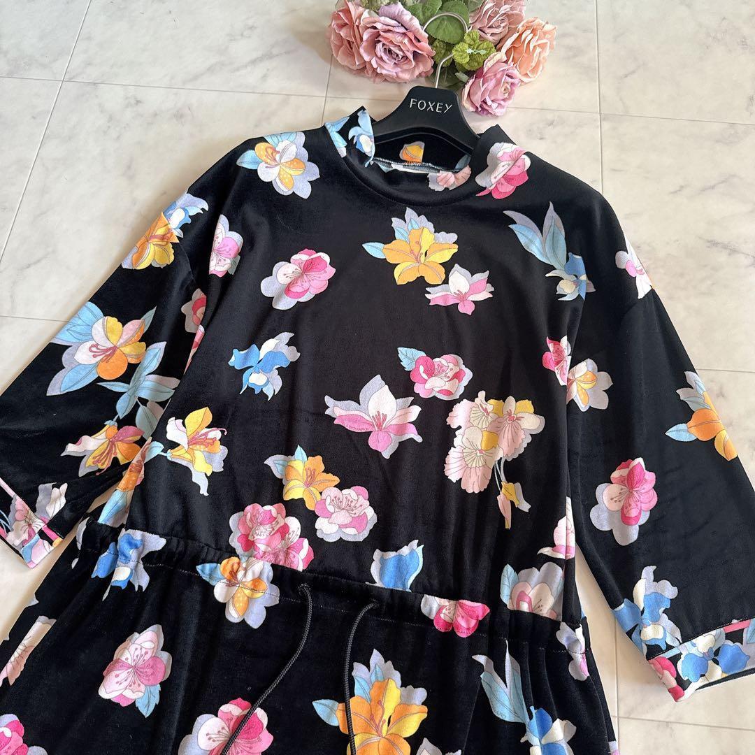 未使用級★近年物 レオナール カンカン ベロア調ワンピース 花柄 トリム 42