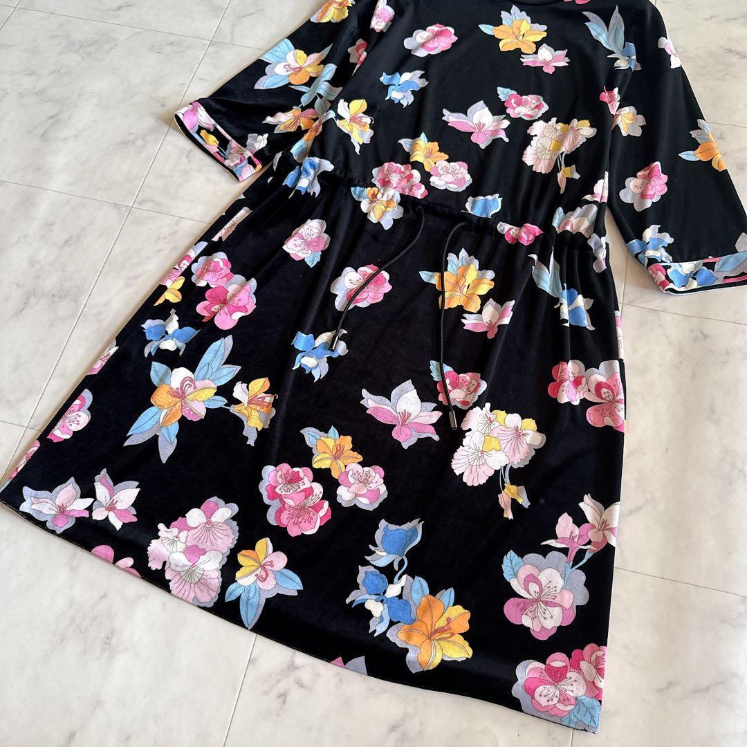 未使用級★近年物 レオナール カンカン ベロア調ワンピース 花柄 トリム 42