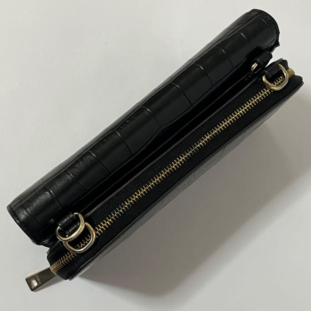 美品✨希少✨フルラ　クロコ　リーヴァ　ショルダーバッグ　ウォレットショルダー　黒