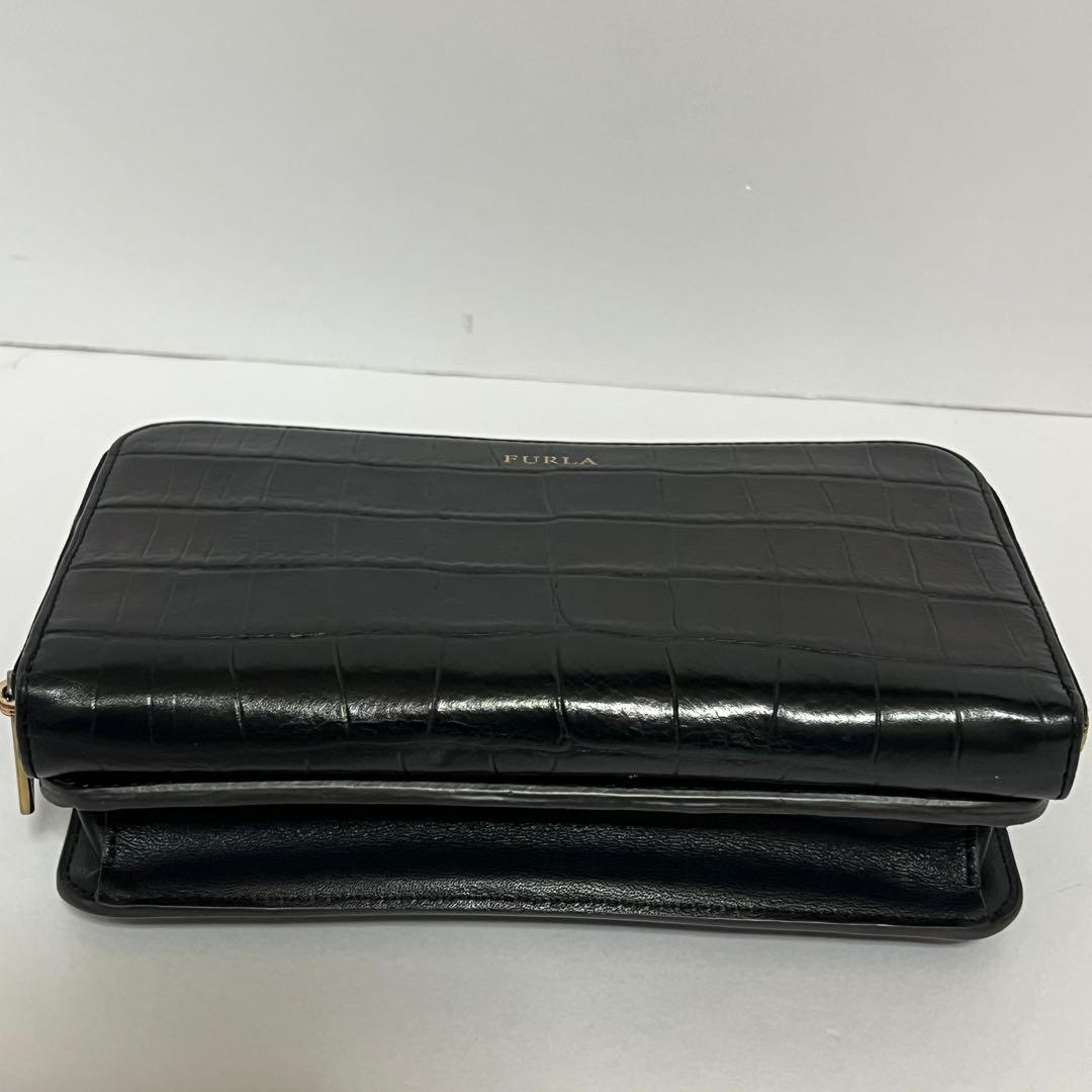 美品✨希少✨フルラ　クロコ　リーヴァ　ショルダーバッグ　ウォレットショルダー　黒