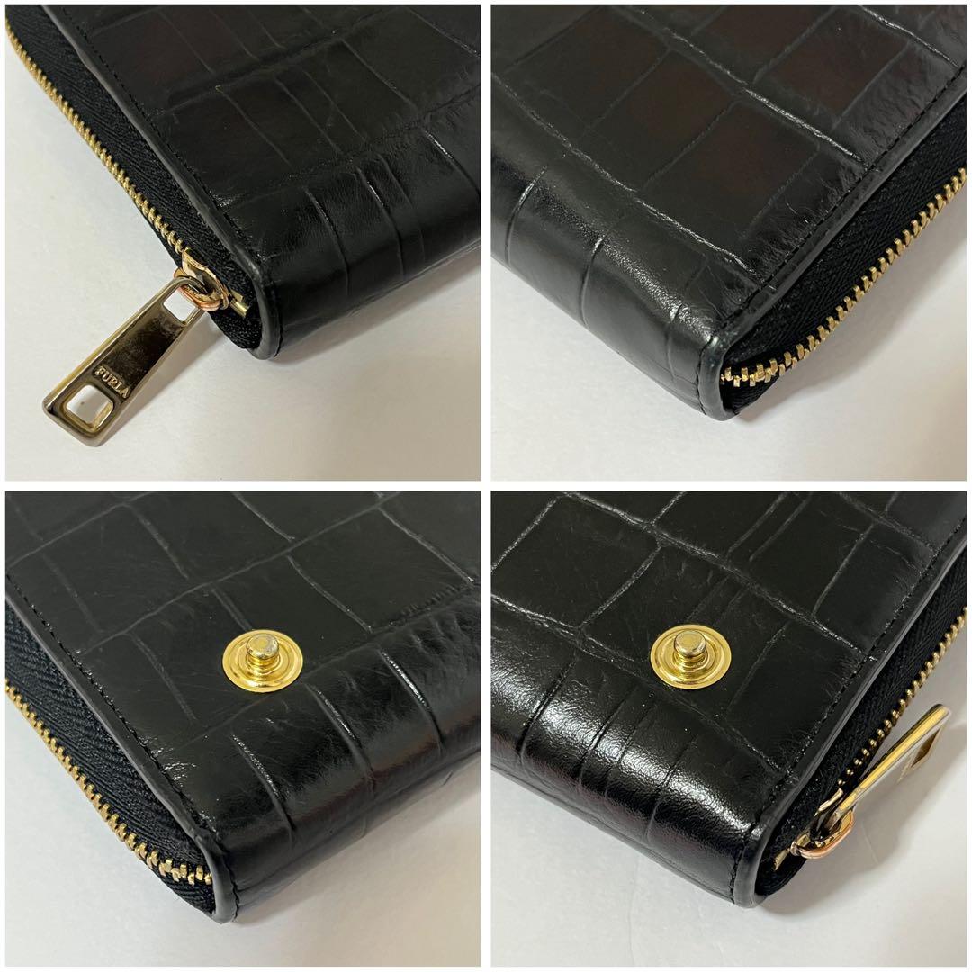 美品✨希少✨フルラ　クロコ　リーヴァ　ショルダーバッグ　ウォレットショルダー　黒