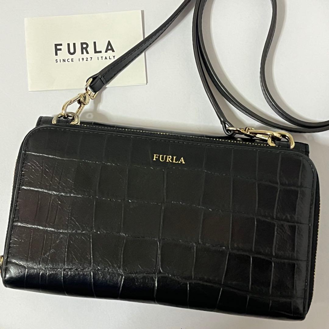 美品✨希少✨フルラ　クロコ　リーヴァ　ショルダーバッグ　ウォレットショルダー　黒