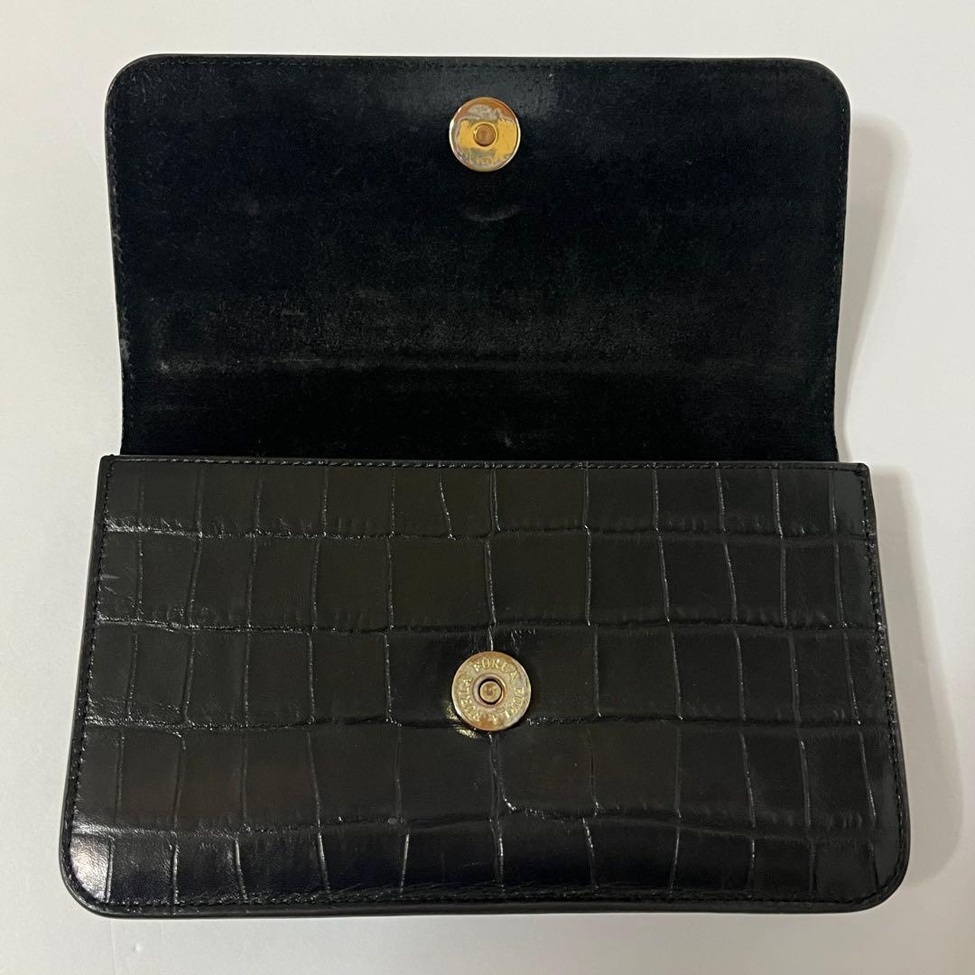 美品✨希少✨フルラ　クロコ　リーヴァ　ショルダーバッグ　ウォレットショルダー　黒