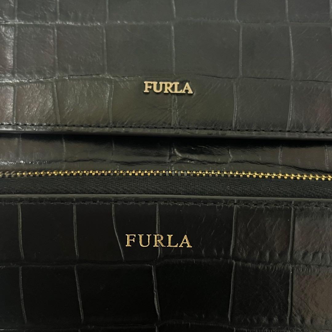 美品✨希少✨フルラ　クロコ　リーヴァ　ショルダーバッグ　ウォレットショルダー　黒
