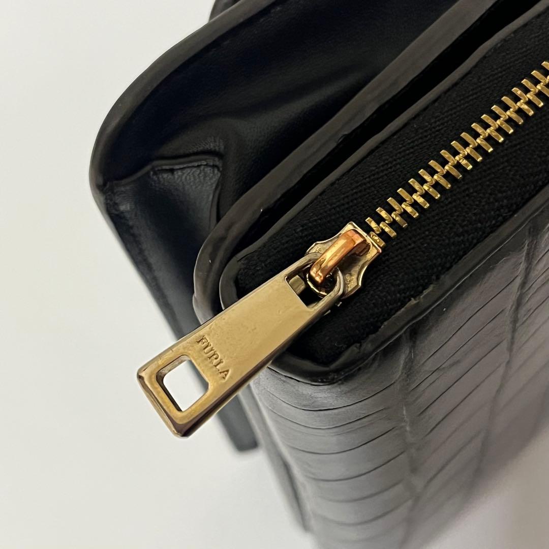 美品✨希少✨フルラ　クロコ　リーヴァ　ショルダーバッグ　ウォレットショルダー　黒