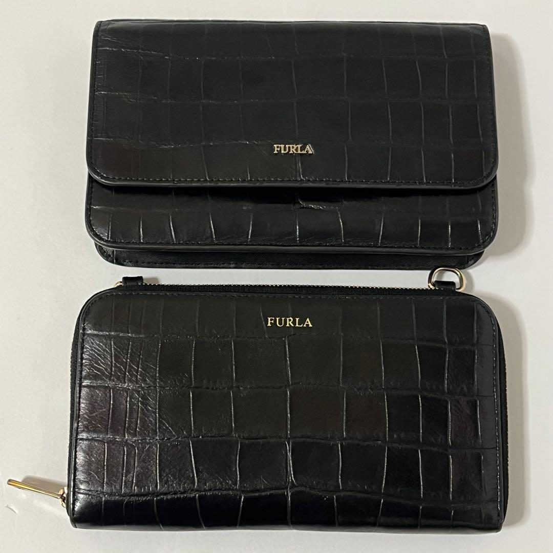 美品✨希少✨フルラ　クロコ　リーヴァ　ショルダーバッグ　ウォレットショルダー　黒
