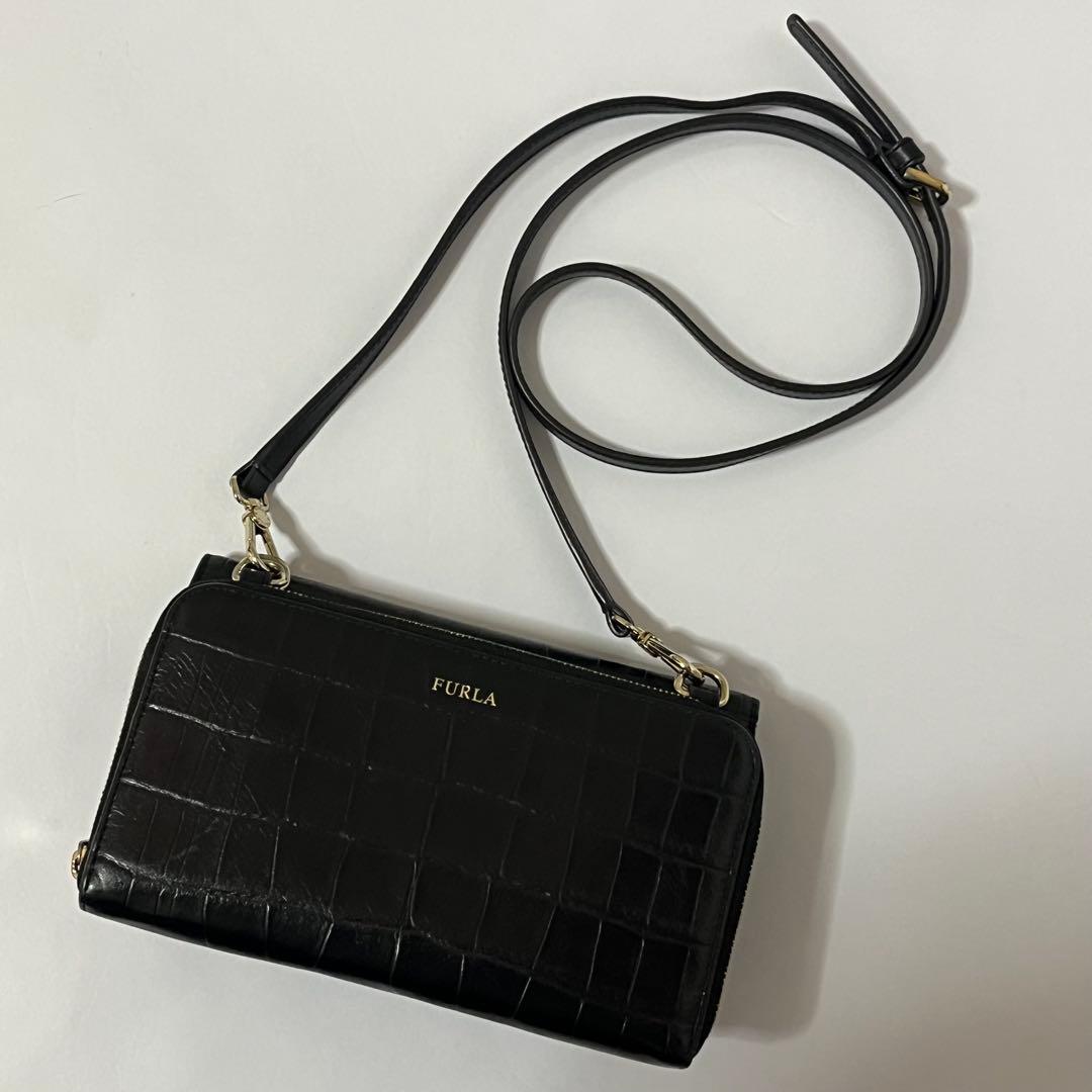 美品✨希少✨フルラ　クロコ　リーヴァ　ショルダーバッグ　ウォレットショルダー　黒