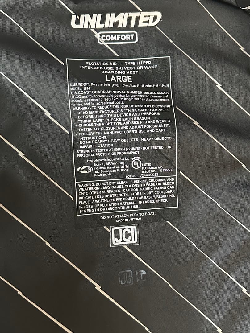 UNLIMITED　アンリミテッド　JCl認証取得済　ライフジャケット　Lサイズ