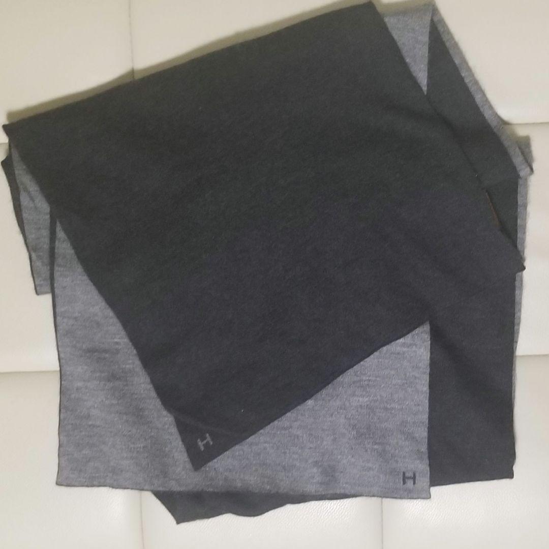 エルメス　アレ・ルトゥールメンズマフラー　Hロゴ　リバーシブル　ブラック×グレー