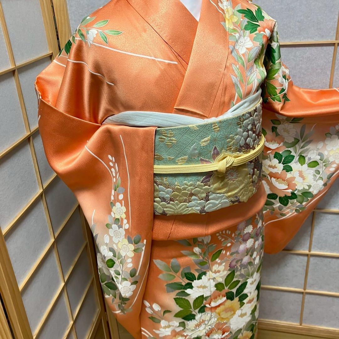 ［4349］訪問着 草花文様 駒刺繍 ぼかし 銀彩 正絹 着物 袷