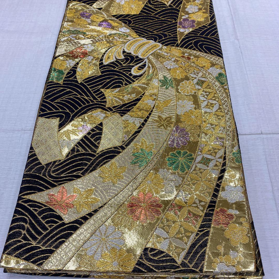 7130袋帯 正絹 六通 振袖　成人式　結婚式　束ね熨斗　七宝柄　紅葉　梅　菊