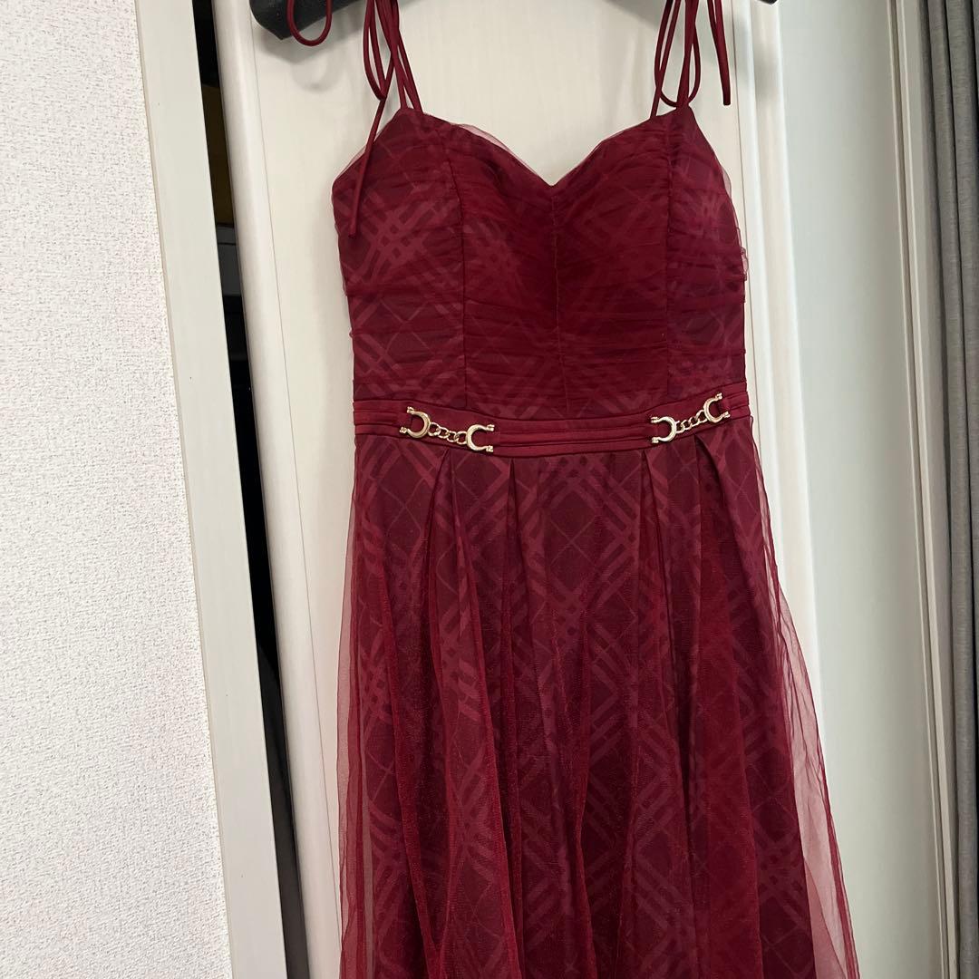 チュールチェックベルトデザイン キャミロングキャバドレス