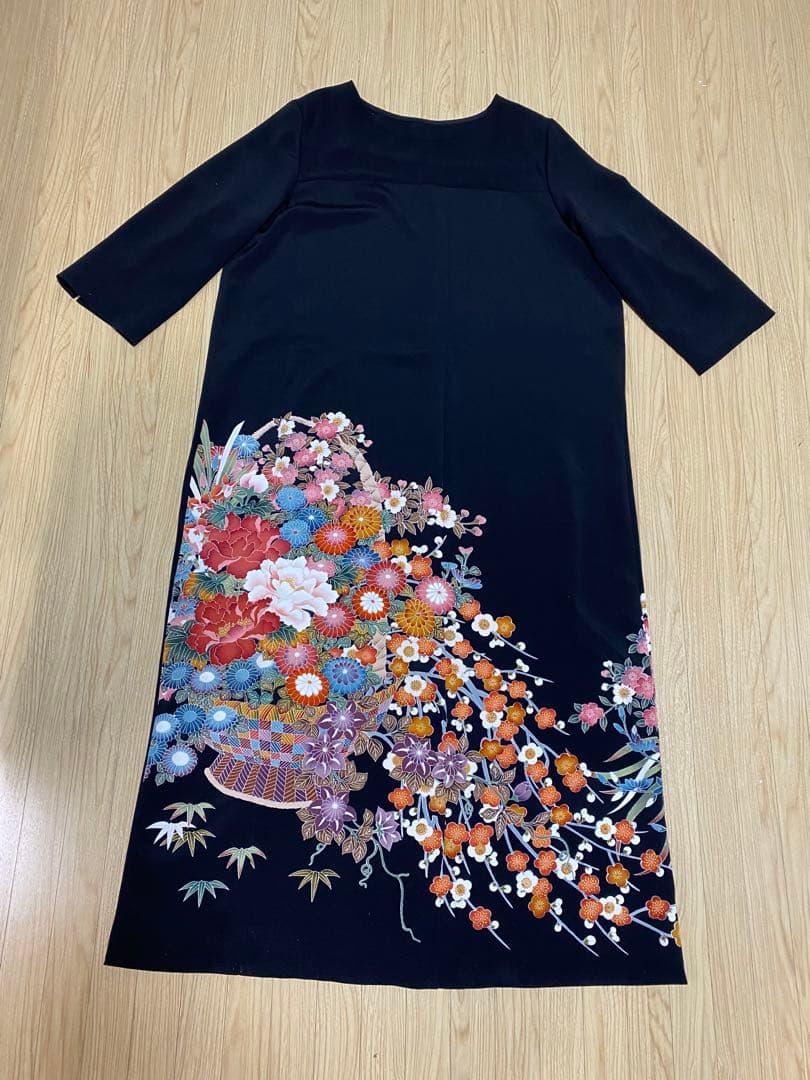 おばちゃん 《LL 124cm》黒留袖リメイク ヨーク切り替え 七分袖