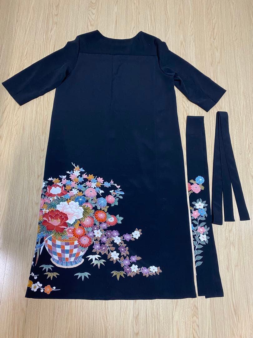 おばちゃん 《LL 124cm》黒留袖リメイク ヨーク切り替え 七分袖