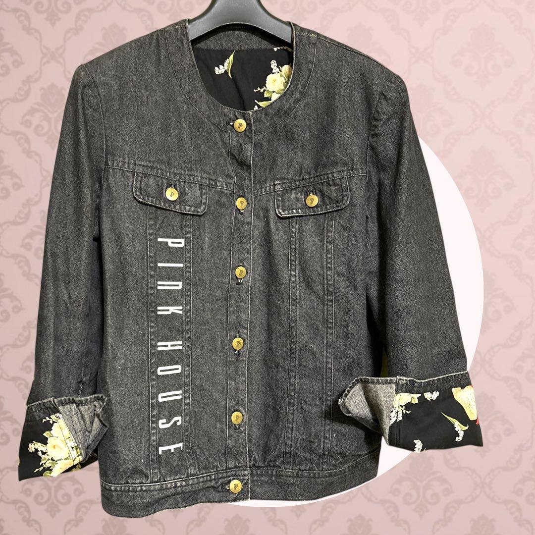 PINK HOUSE 【美品】L　デニム　ジャケット　ブラック　花柄　綿100%