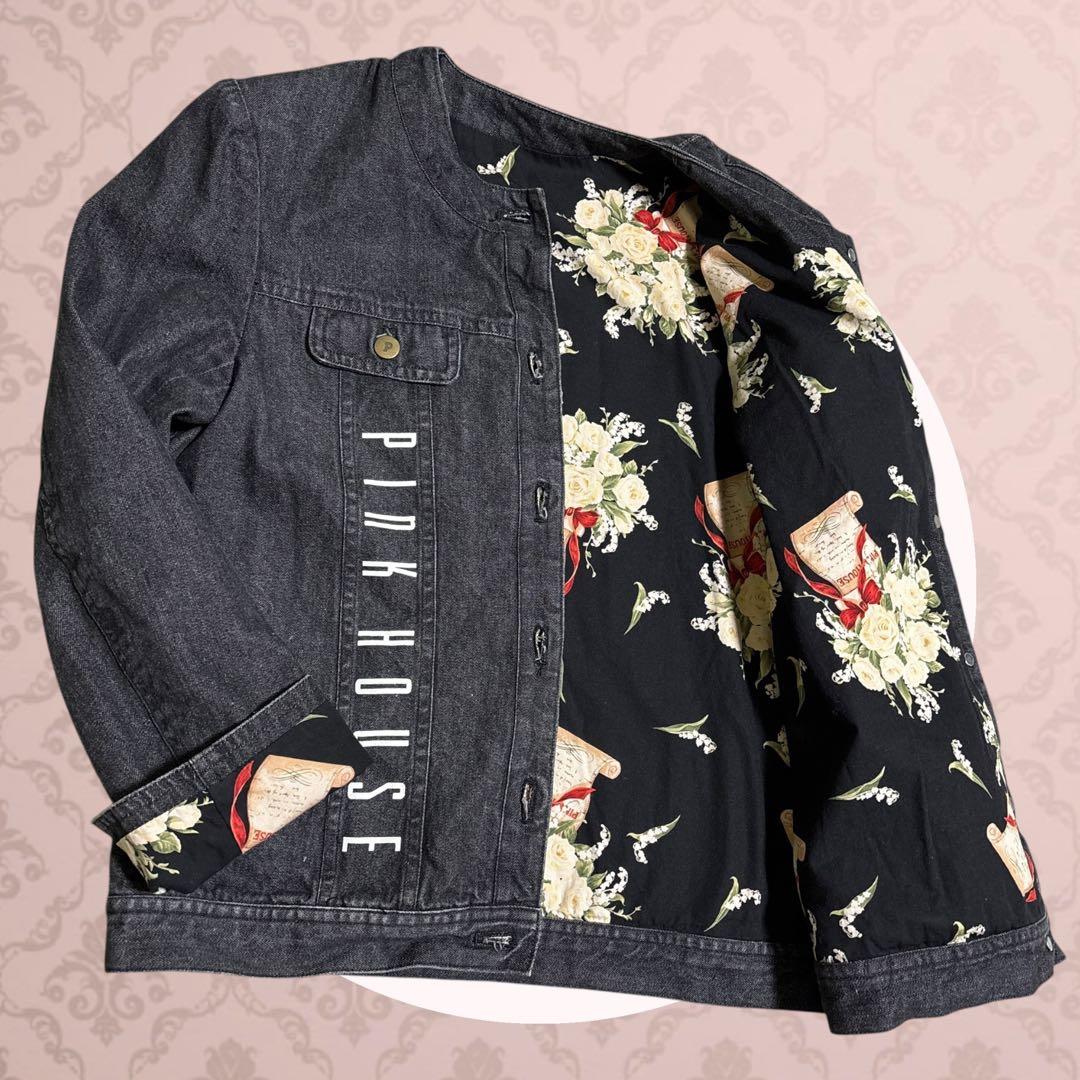 PINK HOUSE 【美品】L　デニム　ジャケット　ブラック　花柄　綿100%