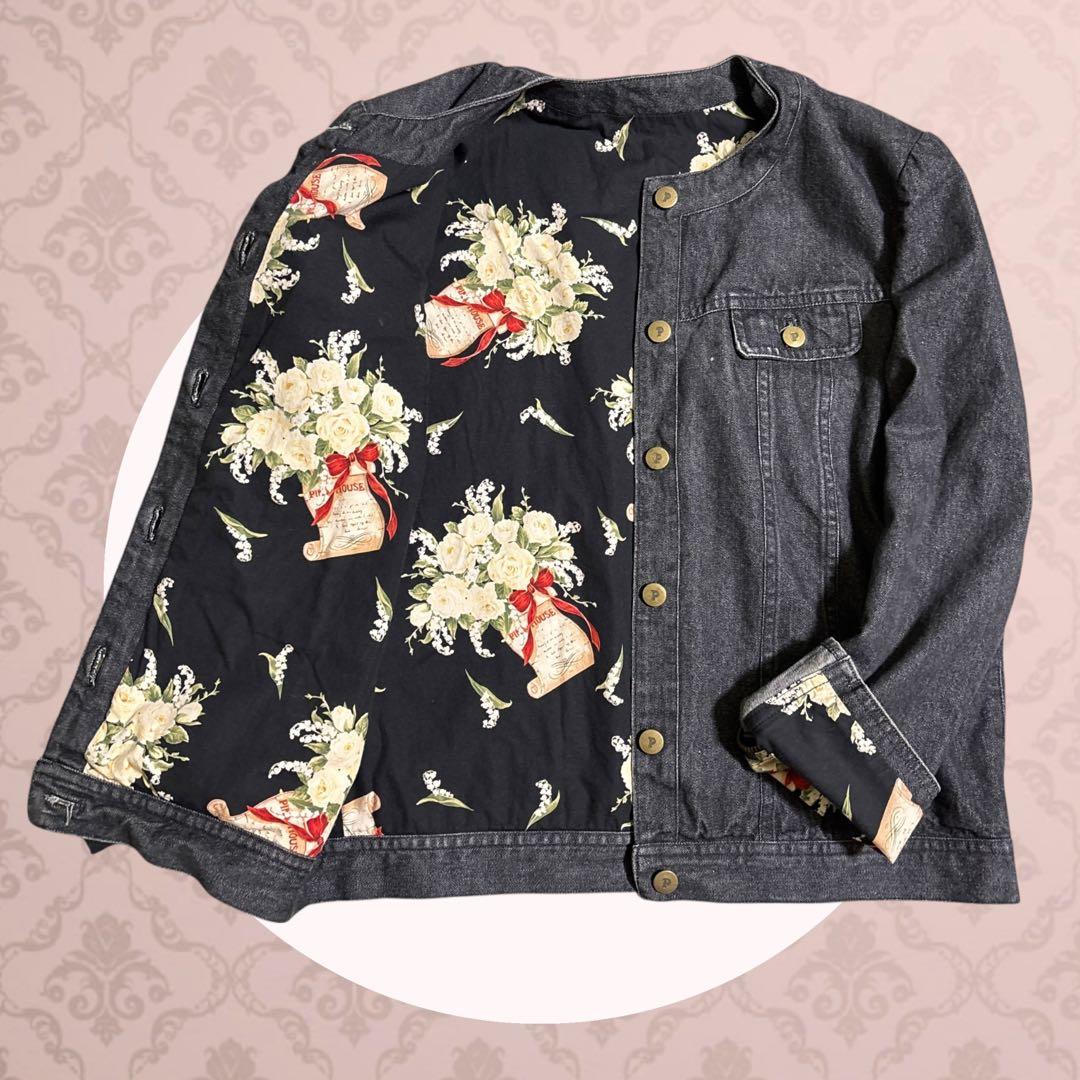 PINK HOUSE 【美品】L　デニム　ジャケット　ブラック　花柄　綿100%