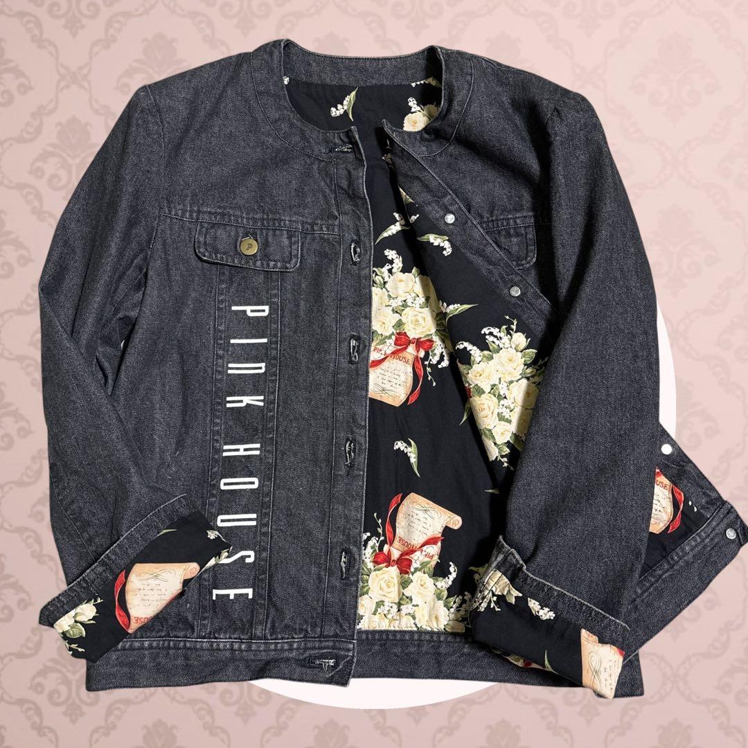 PINK HOUSE 【美品】L　デニム　ジャケット　ブラック　花柄　綿100%