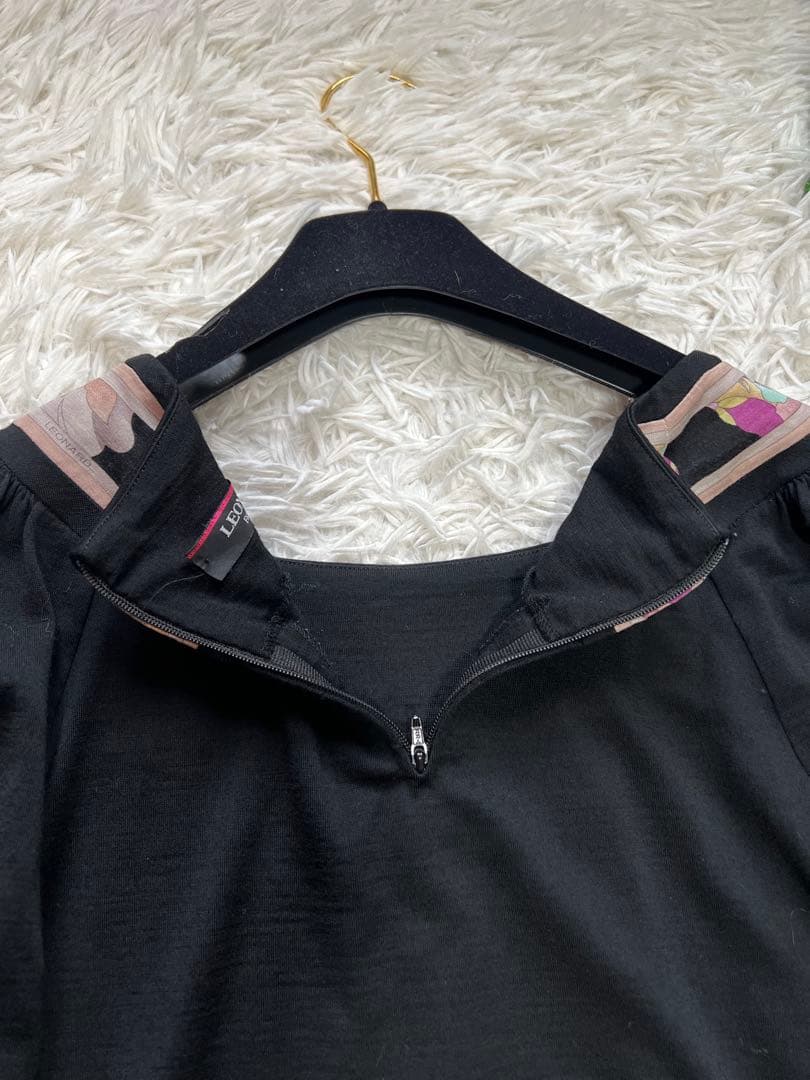 LEONARD ウールジャージー ワンピース 花柄 トリム 黒 スクエアネック