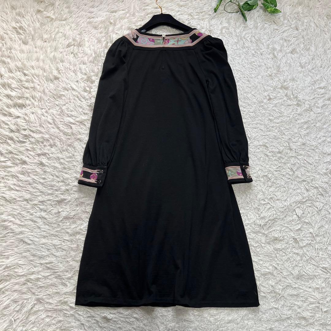 LEONARD ウールジャージー ワンピース 花柄 トリム 黒 スクエアネック