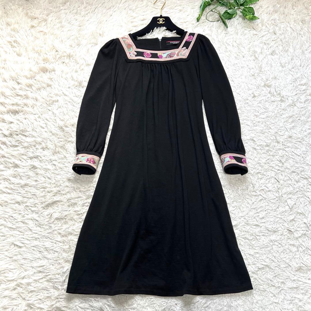 LEONARD ウールジャージー ワンピース 花柄 トリム 黒 スクエアネック