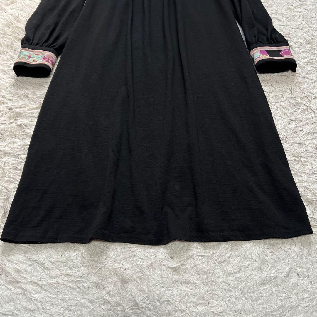 LEONARD ウールジャージー ワンピース 花柄 トリム 黒 スクエアネック